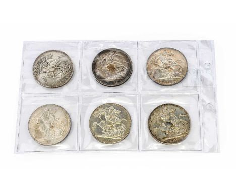 Victoria, 6 x Old Head Crowns comprising: 1893 LVI minor contact marks/hairlines, light blue/gold tone GVF to AEF, 1894 LVIII