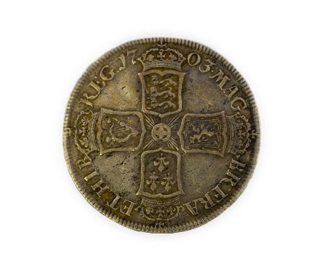 Anne, Halfcrown 1703 TERTIO, VIGO below bust, rev. Pre-Union with Scotland cruciform shields; obv. &amp; rev. contact marks &
