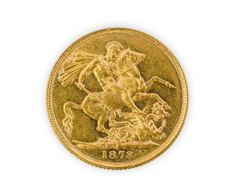 Victoria, Sovereign, 1873, young head left, rev. St. George slaying dragon, (S.3856A). A few light marks, nearly extremely fi