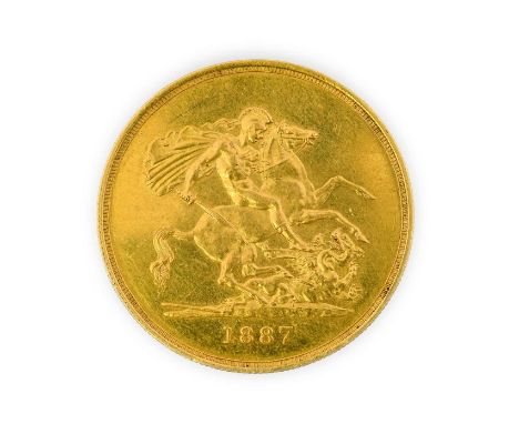 Victoria, Five Pounds, 1887, Jubilee head left, rev. St. George slaying dragon, (S.3864). Light hairlines, extremely fine
