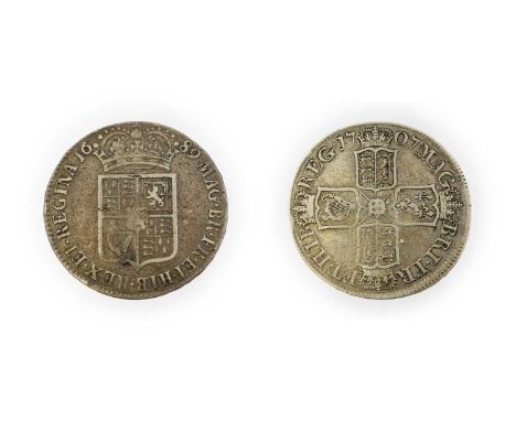 Two Halfcrowns comprising: William &amp; Mary 1689 PRIMO, first busts, second crowned shield, crown with caul &amp; interior 
