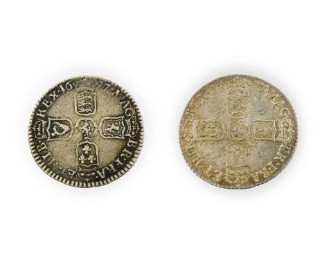 William III, 2 x Sixpences comprising: 1697 third draped bust, later harp, large crowns; very minor flecking, granulated surf