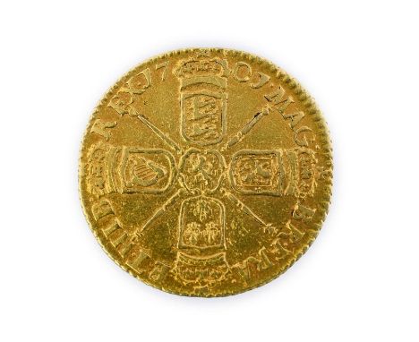 William III, Half Guinea, 1701, laur. head right, rev. crowned cruciform shields, sceptres in angles, late harp (S.3468). Pos