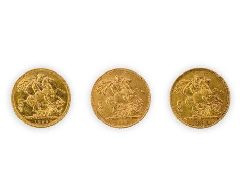 Victoria, Sovereigns (3), 1889 Melbourne, 1892 Melbourne and 1892 Sydney, jubilee head left, rev. St. George slaying dragon, 