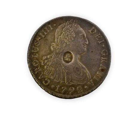 George III, Emergency Issue Dollar, oval countermark, struck on Peru 8 reales 1792 I J, Lima Mint (monogram in rev. legend) p