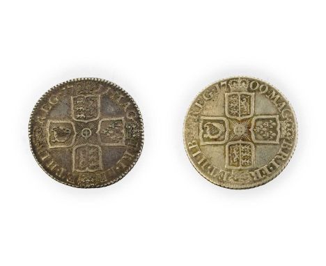 Anne, 2 x Shillings comprising: 1709 third draped bust, rev. crowned cruciform shields, plain in angles, faint hairlines o/wi