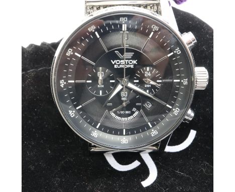 VOSTOK: GAZ-14 Limousine gents chronograph wristwatch with date aperture and three subsidiary dials on a stainless steel brac