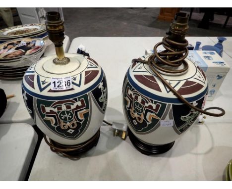 Pair of Greek style table lamps. All electrical items in this lot have been PAT tested for safety and have passed. This does 