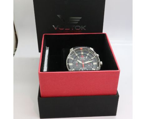 VOSTOK: Ekranoplan Caspian sea monster gents chronograph wristwatch with date aperture and two subsidiary dials on a black ru