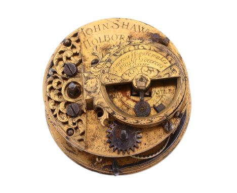  A fine William III gilt brass verge pocket watch movement with 'pendulum' balance John Shaw, Holborn, circa 1700  The gilt f