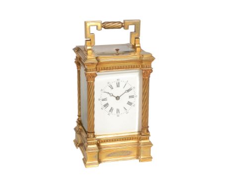  A French gilt brass carriage clock with push-button repeat  Unsigned, late 19th century   The eight-day gong striking moveme