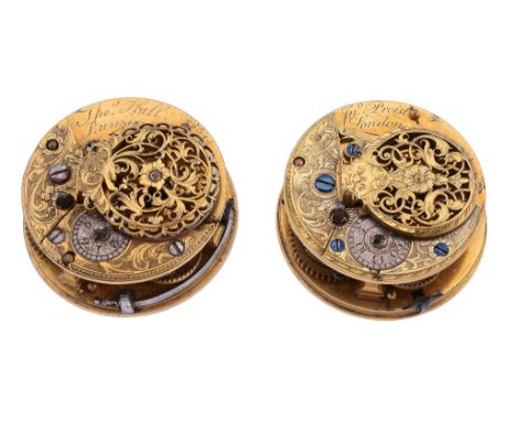  Two similar George III gilt brass verge pocket watch movements John Preist, London and Thomas Hall, Rumsey, third quarter of