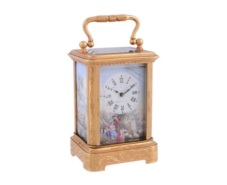  A French engraved gilt brass miniature carriage timepiece with painted enamel panels Indistinctly signed, late 19th century 