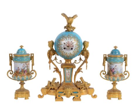  A fine French Sevres style porcelain mounted ormolu mantel clock garniture, Unsigned, late 19th century  The circular eight-