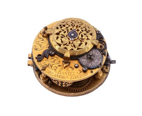  A fine gilt brass verge pocket watch movement Signed for Daniel Delander, early 18th century  The gilt full plate single fus