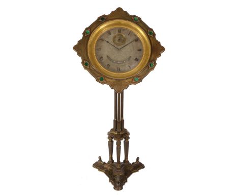 A fine, impressive and very rare Victorian engraved gilt brass and malachite inset clock with thermometer and aneroid baromet