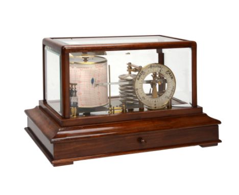  A mahogany barograph with barometer dial  Retailed by Harrods Limited, London, early 20th century  The mechanism with seven 