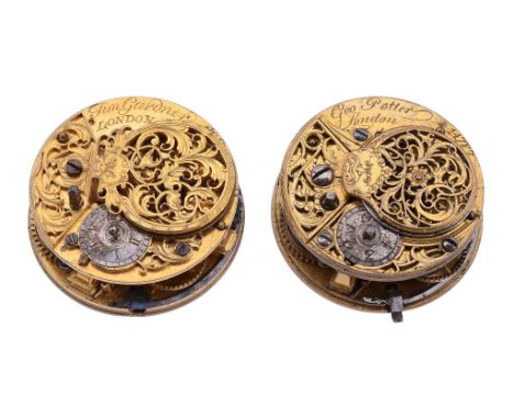  Two very similar George II gilt brass verge pocket watch movements George Potler, London and Tim Gardner, London, mid 18th c