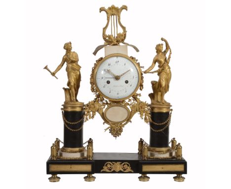  A fine Louis XV ormolu and black marble figural mantel clock with concentric calendar Ridel, Paris, late 18th century  The c