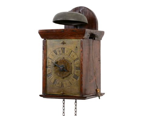  A rare small English iron framed hooded wall timepiece with alarm  Unsigned, late 17th century   The single-handed short dur