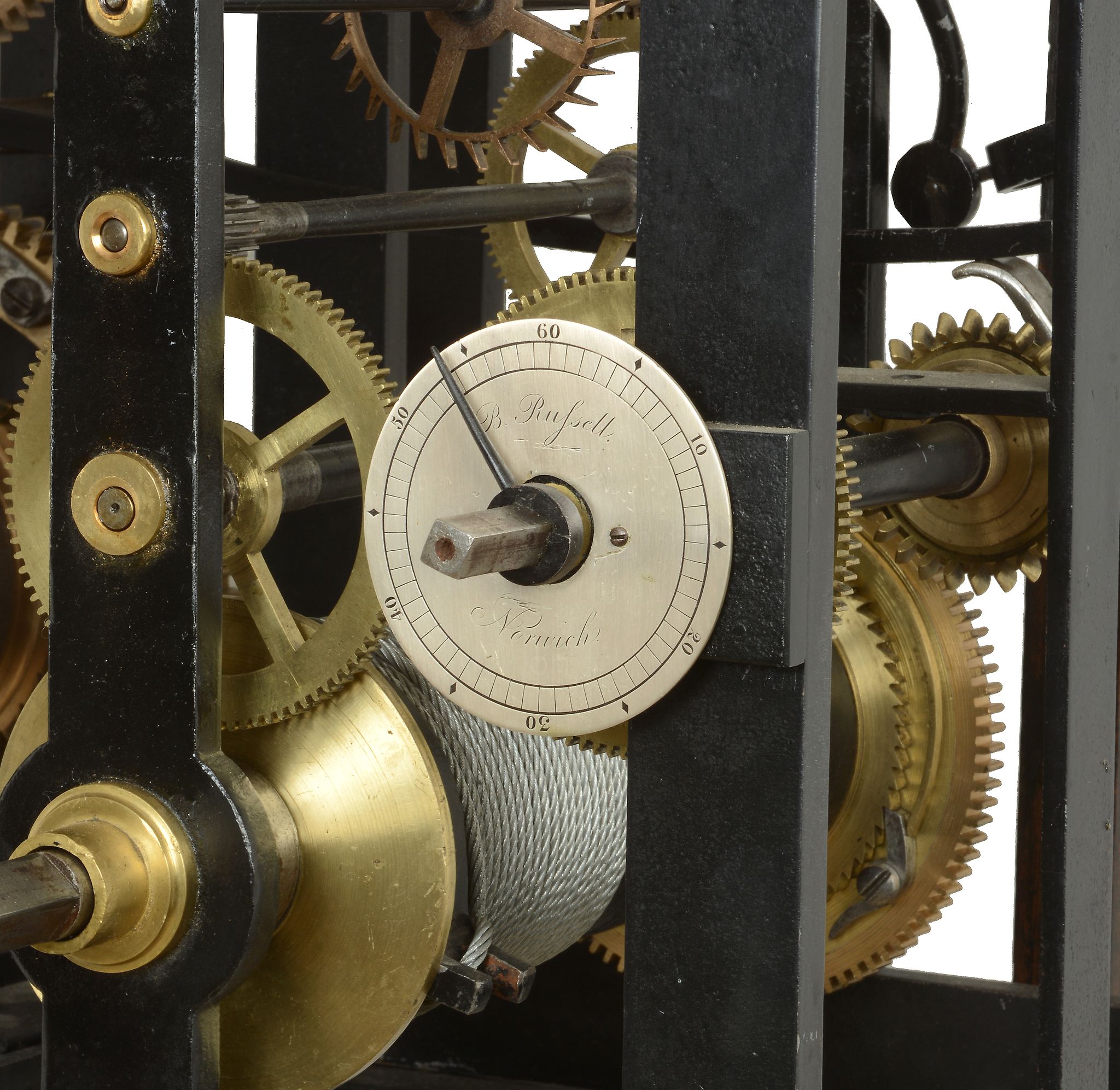 A Regency iron and brass turret clock movement with separate hour