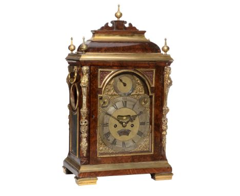  A fine and rare George II gilt brass mounted burr walnut table clock Robert Higgs, London, circa 1750  The six pillar twin c