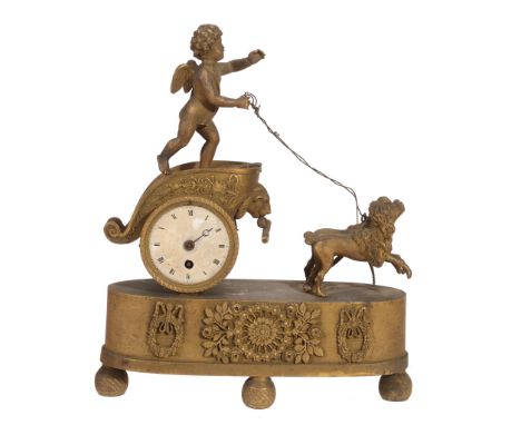  A French Empire ormolu small figural mantel timepiece Unsigned, early 19th century  The circular eight-day movement with sil