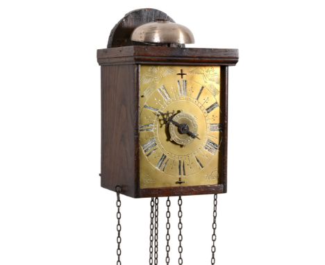  A rare George III small English iron framed hooded wall timepiece with alarm  George Wood, Nailsworth, dated 1760   The sing