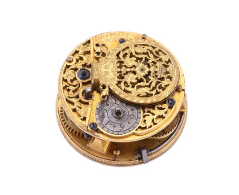  A gilt brass verge pocket watch movement with champleve dial Deshays, ADovay, early 18th century  The gilt full plate single