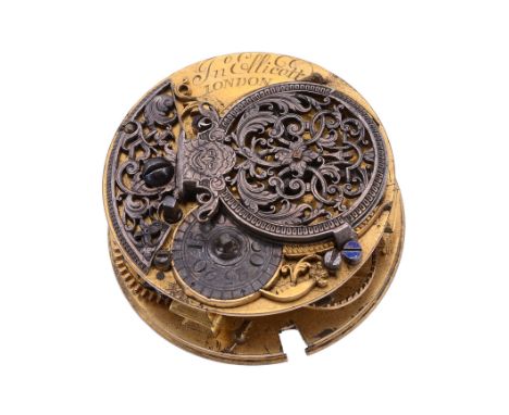  A fine Queen Anne gilt brass verge pocket watch movement with silver balance cock John Ellicott, London, early 18th century 