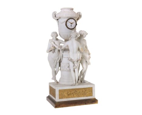  An impressive gilt brass mounted Parian porcelain mantel timepiece 'The Three Graces' The movement signed for Le Roy, Paris,