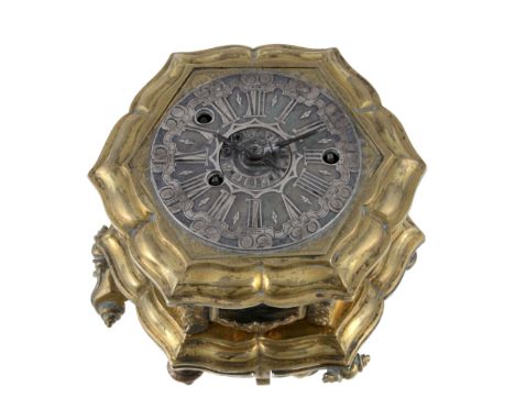  A fine small George II Anglo-German gilt brass hexagonal horizontal striking table clock with alarm Signed for Cabrier, Lond