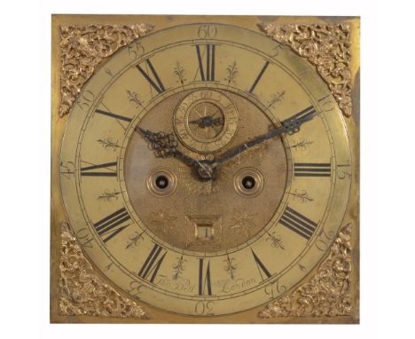  A Queen Anne eight-day longcase clock movement and dial Thomas Bell, London, early 18th century  The five finned pillar insi