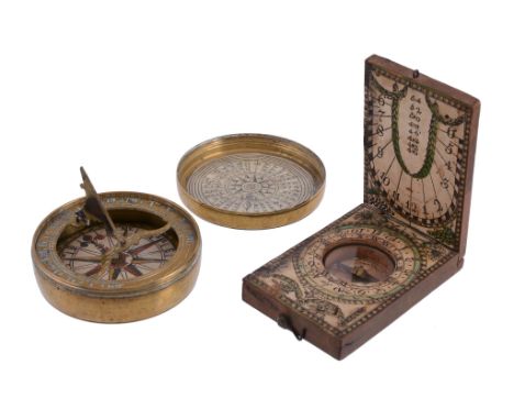  A German Stockert pattern fruitwood diptych pattern pocket sundial Unsigned, early 19th century  The upper leaf with central