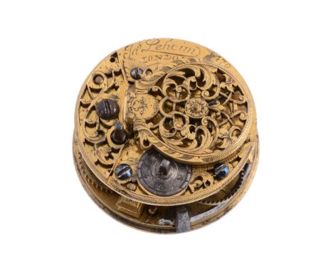  A verge pocket watch movement with champleve dial James Lehcim, London, first half of the 18th century  The gilt full plate 