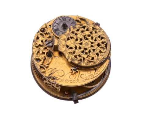  A gilt brass verge pocket watch movement Signed for Markwick, London but possibly Dutch, circa 1695  The gilt full plate sin