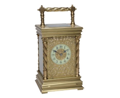  A French lacquered brass carriage clock,  Richard and Company, Paris, circa 1900  The eight-day gong striking movement with 