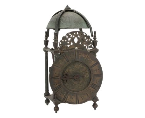  A Queen Anne brass lantern clock John Walter, Honiton, early 18th century  The posted countwheel bell-striking movement with