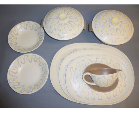 QUANTITY OF POOLE POTTERY RIPPLE (OV) KITCHEN/TABLEWARE DESIGNED BY A.B.READ, 1953 COMPRISING THREE GRADUATED PLATTERS, TWO S