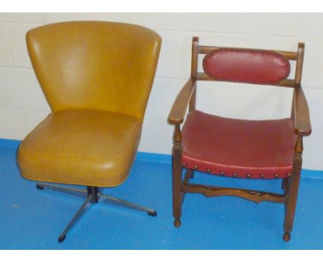 LOW BEACH FIRESIDE CHAIR WITH RED VINYL UPHOLSTERY (69 cm x 52 cm x 49 cm) AND A 1970'S LIGHT TAN VINYL CHAIR (73.5 cm x 60 c