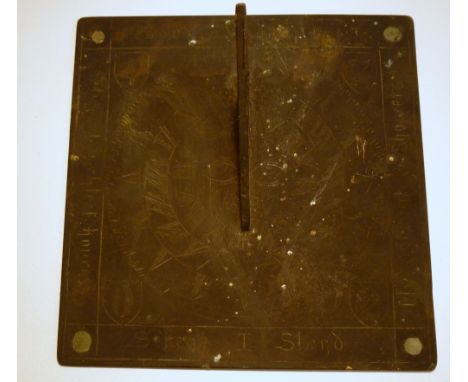 LATE C19th/EARLY C20th BRASS SUNDIAL, DOLPHIN GNONOM, INSCRIBED SERENE I STAND, MYDDST SUN & SHOWERS, BUT I ONLY SHOWE, LITES