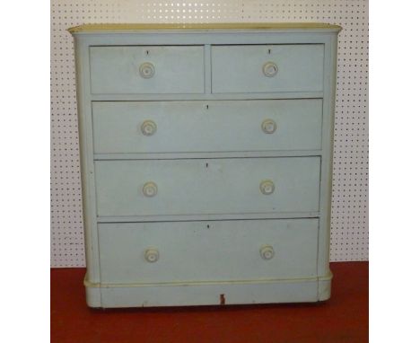 VICTORIAN PAINTED LIGHT GREEN CHEST WITH TWO SHORT AND THREE GRADUATED LONG DRAWERS ON A PLINTH BASE (111 cm x 101 cm x 49 cm