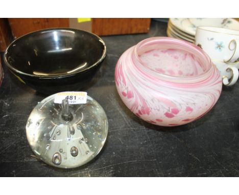 A glass apple paperweight and orrefors smoked glass bowl and an Art glass pink bowl 