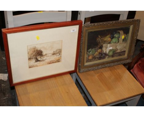 M.A. Banks, oil on canvas "Autumn Fruit" within a silvered slip, gilt framed and glazed and a watercolour sketch of a rural s