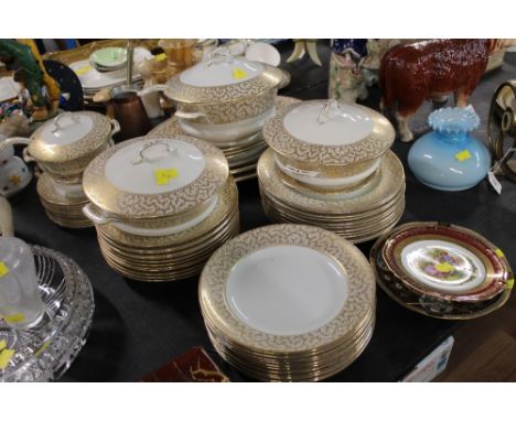 A quantity of Ashworth Brothers Ironstone dinnerware in gold and cream, together with decorative plates 