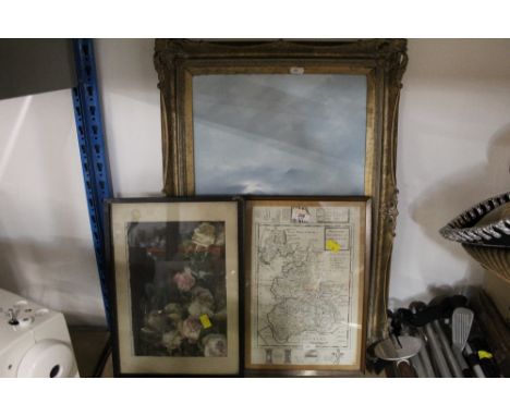 Gilt framed seascape painting, map of County Palatine of Lancaster and another picture