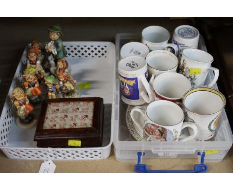 Two boxes of Hummel figures, commemorative mugs and needlework top box