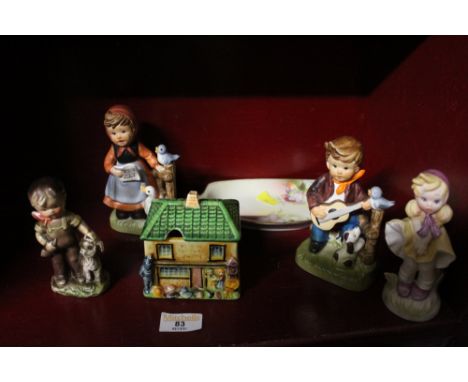 Box of Hummel ornaments, a Dixonian Carnation patterned dish and a cottage ornament