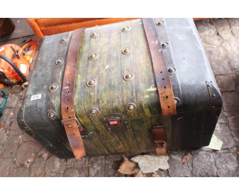 Vintage Metal Travelling trunk with leather strapping 