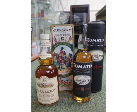 Glen Moray Single Highland Malt Scotch Whisky 12 Year in Commemorative tin and Tomtatin 10 Year boxed 